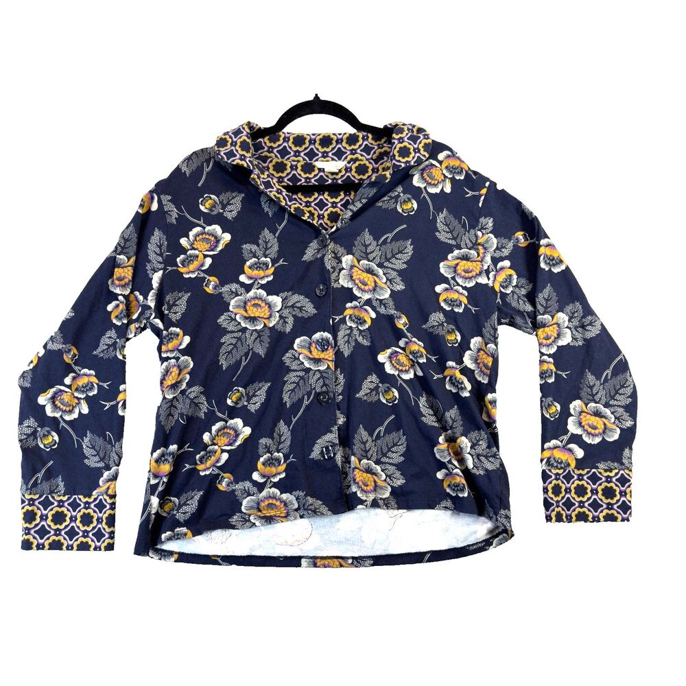 Vera Bradley Pajama Top Womens Large Blue Floral Cotton Button Up Long Sleeve